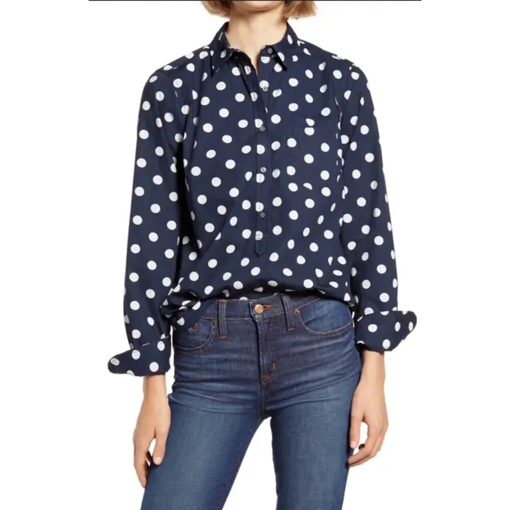 J. Crew Polka Dot Print Half-Button Down Cotton Poplin Pullover (NWT)